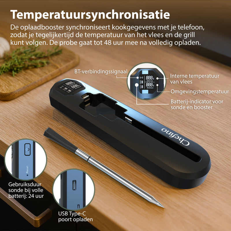 Chefino Slimme Draadloze Vleesthermometer – Bluetooth 5.3 BBQ Thermometer met App – Digitale Kernthermometer voor Grillen, Braden, Oven, Inductie en BBQ – Tot 250m Bereik