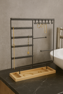 Sieradenhouder Zwart met Houten Bodem – Organizer voor Kettingen, Oorbellen en Armbanden – Met Haakjes, Gaatjes en Opbergvakjes – 36,8 x 29 cm