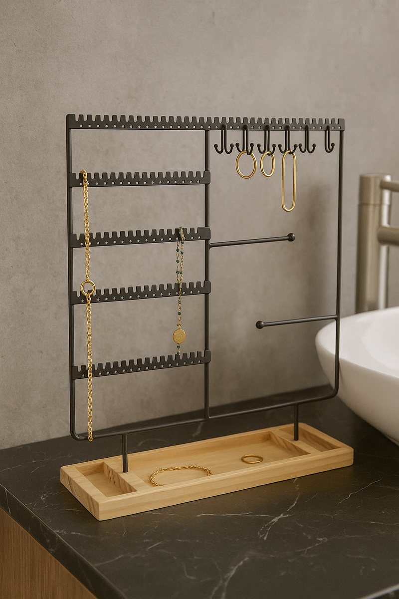 Sieradenhouder Zwart met Houten Bodem – Organizer voor Kettingen, Oorbellen en Armbanden – Met Haakjes, Gaatjes en Opbergvakjes – 36,8 x 29 cm