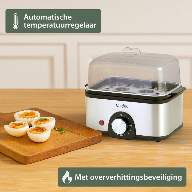 Chefino Eierkoker – Elektrisch – 8 Eieren – RVS – BPA-vrij – Timer & Automatische Uitschakeling – Inclusief Maatbeker met Eierprikker & Pochéerschaal – Anti-oververhitting – Zilver/Zwart