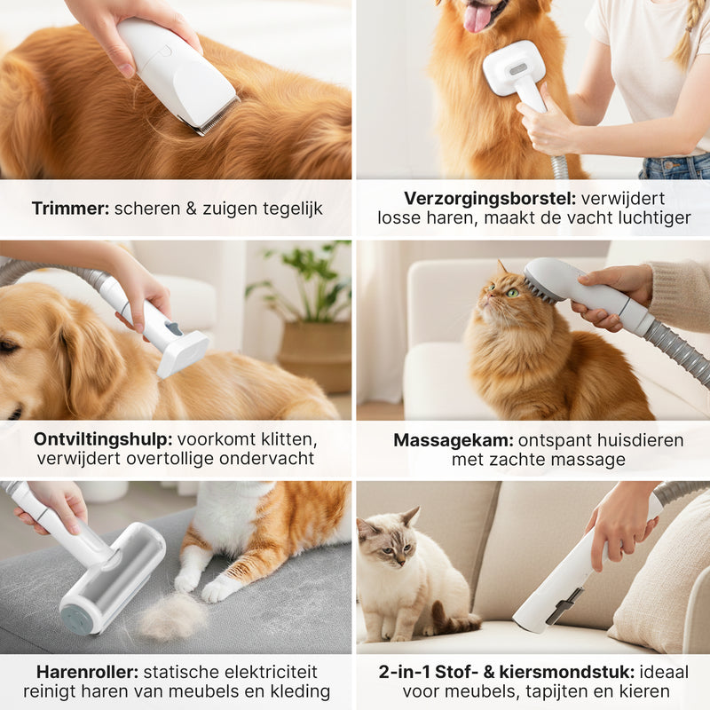 Carewat 6-in-1 Huisdier Stofzuiger en Trimmer Set – Professionele Hondentondeuse met Stofzuiger – Trimset Hond en Kat – Stil, Krachtig en Hygiënisch