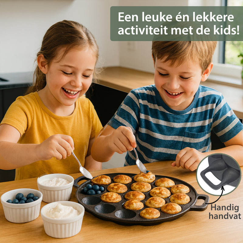 Chefino Poffertjespan Gietijzer 24 cm – 19 Poffertjes Tegelijk – Geschikt voor Gas, Inductie, Keramisch en Oven – BPA-vrij, Anti-aanbaklaag