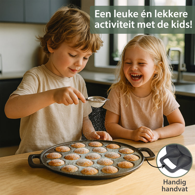 Chefino 2-delige gietijzeren poffertjespan set – 38 poffertjes tegelijk – inclusief doseerfles, vork, bakkwast en siliconen handgrepen – geschikt voor alle warmtebronnen (gas, inductie, oven, keramisch, elektrisch)