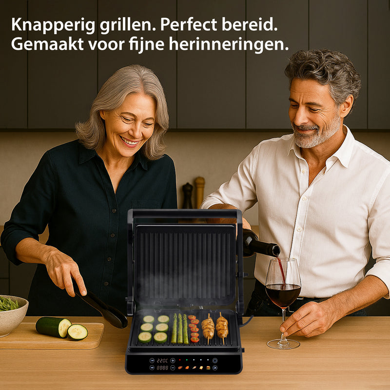 Chefino Forza Digitale Contactgrill - XL - 2000W - PFAS-vrij, uitneembare platen & 5 kookstanden - Groot Formaat - Tosti ijzer - Panini maken - Grill Apparaat - 180 graden uitklapbaar - Tosti Apparaat