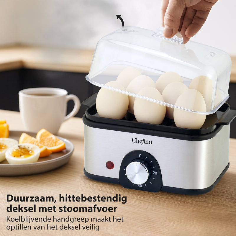 Chefino Eierkoker – Elektrisch – 8 Eieren – RVS – BPA-vrij – Timer & Automatische Uitschakeling – Inclusief Maatbeker met Eierprikker & Pochéerschaal – Anti-oververhitting – Zilver/Zwart