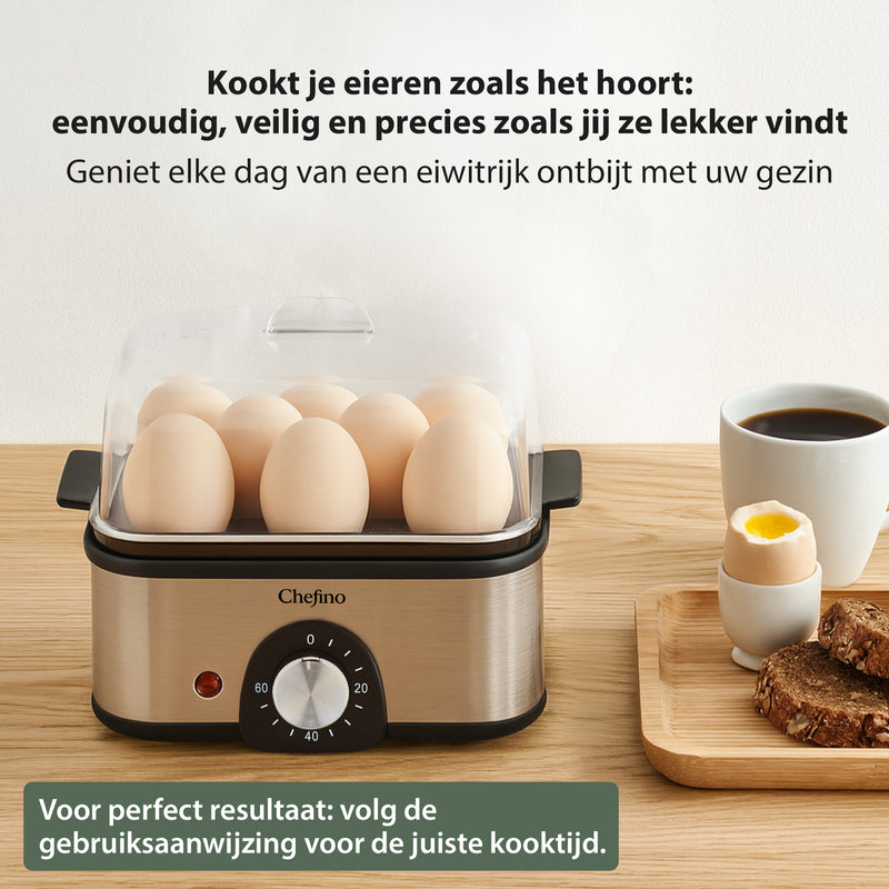 Chefino Eierkoker – Elektrisch – 8 Eieren – RVS – BPA-vrij – Timer & Automatische Uitschakeling – Inclusief Maatbeker met Eierprikker & Pochéerschaal – Anti-oververhitting – Zilver/Zwart