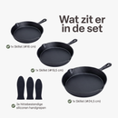 Gietijzeren Koekenpan Set 3-delig – Skillet Set Ø16, Ø19,5 & Ø24,5 cm –  Pre-seasoned Gietijzer – Geschikt voor Inductie, Gas, Oven & BBQ – Inclusief Siliconen Handgrepen