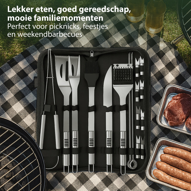 Chefino BBQ Accessoires Set – 21-delig BBQ Pakket – Compleet RVS Barbecue Accessoires met Draagtas – Roestvrijstaal Kamado Accessoires