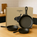Chefino Gietijzeren Pannenset – 3-delige Skillet Set – Pannenset Inductie – Gietijzeren Pan voor BBQ, Oven en Fornuis – PFAS-vrij en Krasbestendig