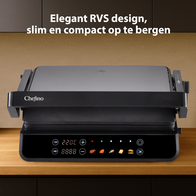 Chefino Forza Digitale Contactgrill - XL - 2000W - PFAS-vrij, uitneembare platen & 5 kookstanden - Groot Formaat - Tosti ijzer - Panini maken - Grill Apparaat - 180 graden uitklapbaar - Tosti Apparaat