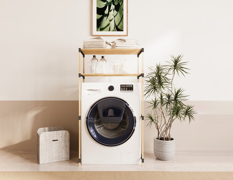 FixWood 2-Laags Wasmachine Rek – Zwart - Houten Opbergrek voor Wasmachine – Ruimtebesparend Badkamerrek 127 cm – Beukenlook – 33x66x127 cm (