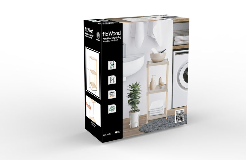 FixWood Houten Modulaire Opbergrek – Massief Hout & Kunststof – Badkamerrek, Keukenrek of Plantenrek – 72 cm Hoog – Beige/Naturel