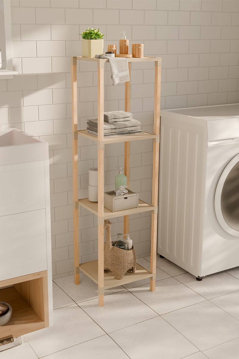 FixWood Houten Modulaire Opbergrek – Massief Hout & Kunststof – Badkamerrek, Keukenrek of Plantenrek – 105 cm Hoog – Beige/Naturel