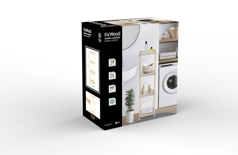 FixWood Houten Modulaire Opbergrek – Massief Hout & Kunststof – Badkamerrek, Keukenrek of Plantenrek – 105 cm Hoog – Beige/Naturel