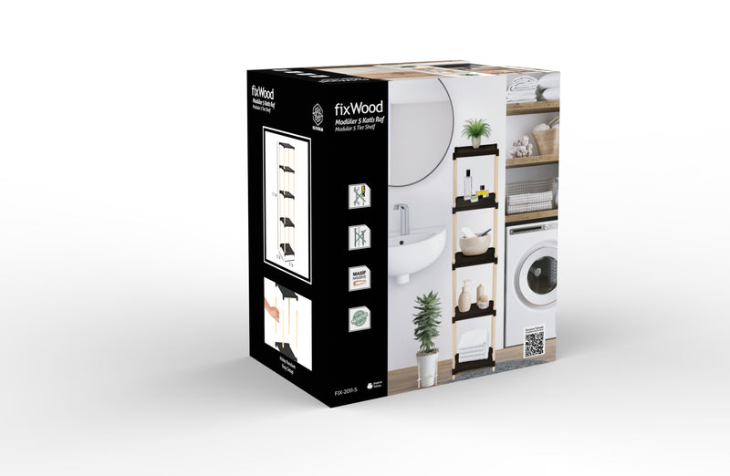 FixWood Houten Modulaire Opbergrek – Massief Hout & Kunststof – Badkamerrek, Keukenrek of Plantenrek – 127 cm Hoog – Zwart/Naturel