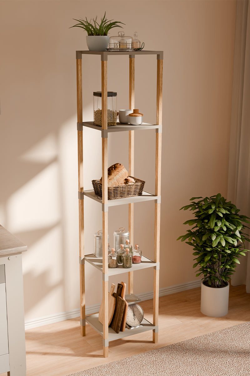 FixWood Houten Modulaire Opbergrek – Massief Hout & Kunststof – Badkamerrek, Keukenrek of Plantenrek – 127 cm Hoog – Beige/Naturel