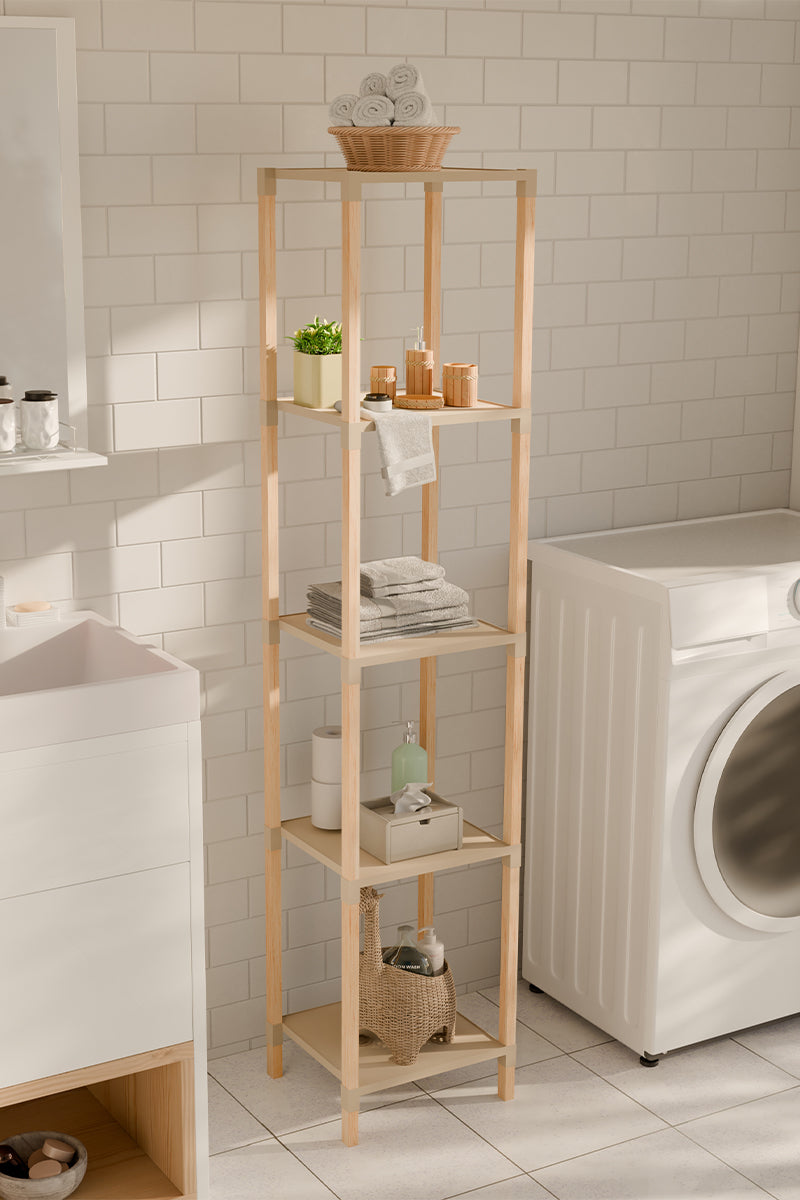 FixWood Houten Modulaire Opbergrek – Massief Hout & Kunststof – Badkamerrek, Keukenrek of Plantenrek – 127 cm Hoog – Beige/Naturel