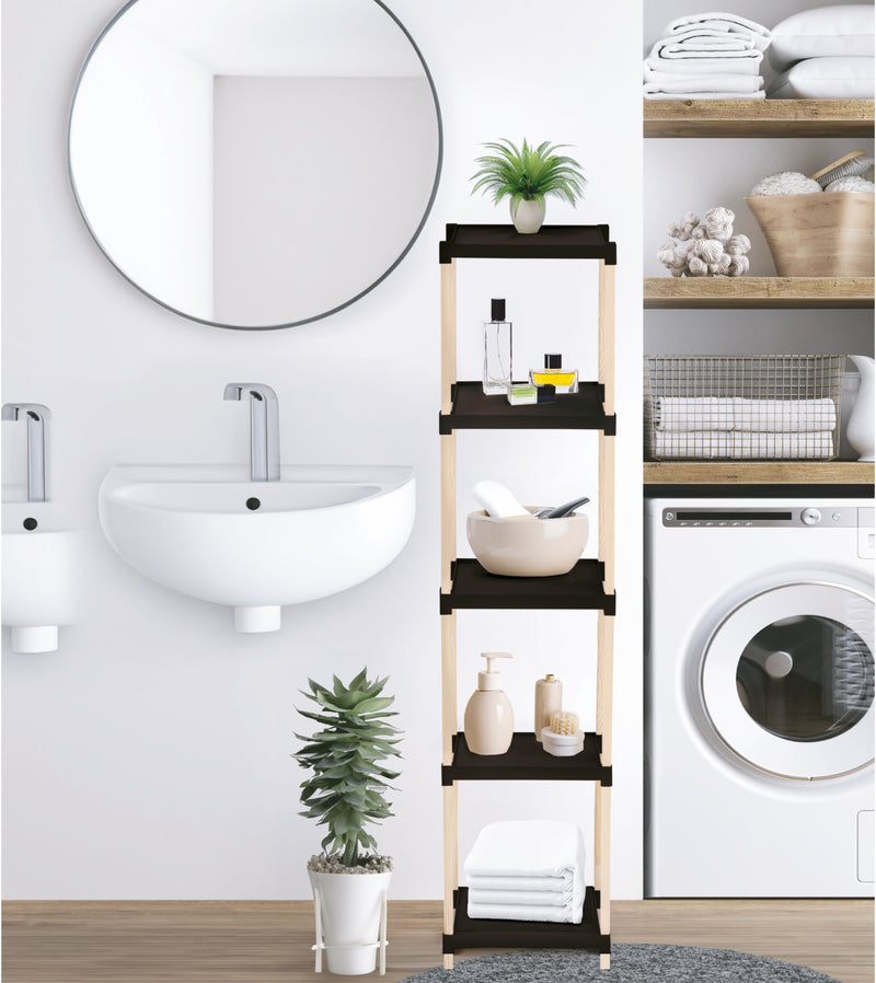 FixWood Houten Modulaire Opbergrek – Massief Hout & Kunststof – Badkamerrek, Keukenrek of Plantenrek – 127 cm Hoog – Zwart/Naturel