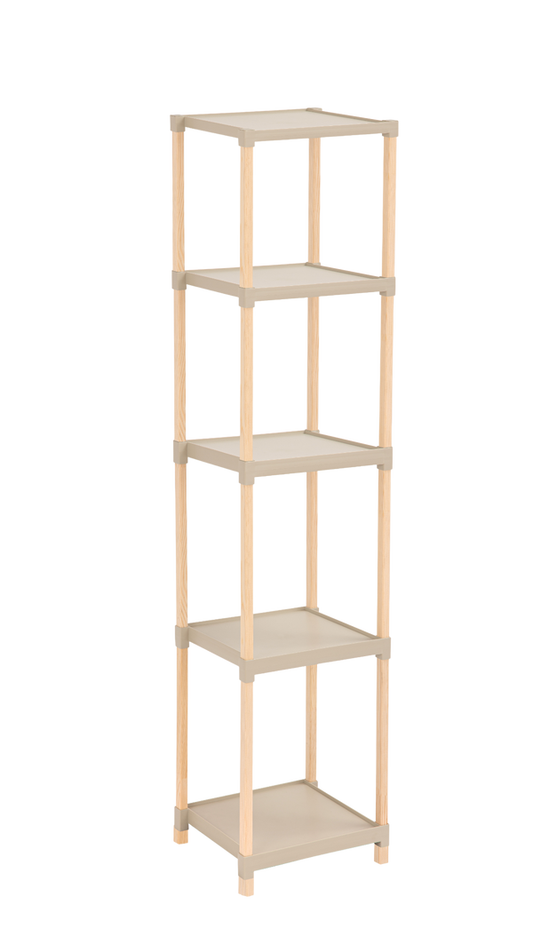 FixWood Houten Modulaire Opbergrek – Massief Hout & Kunststof – Badkamerrek, Keukenrek of Plantenrek – 127 cm Hoog – Beige/Naturel