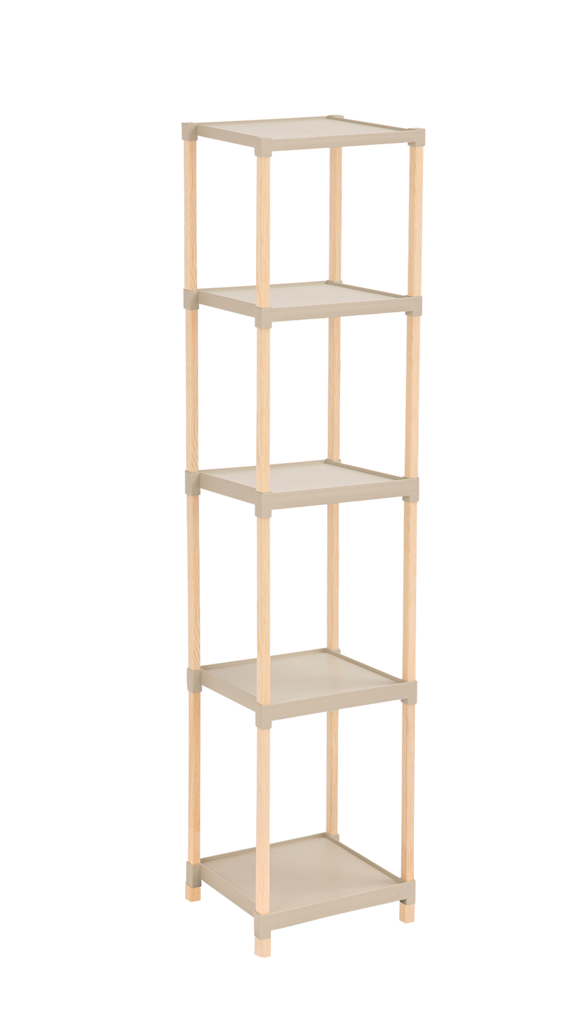 FixWood Houten Modulaire Opbergrek – Massief Hout & Kunststof – Badkamerrek, Keukenrek of Plantenrek – 127 cm Hoog – Beige/Naturel