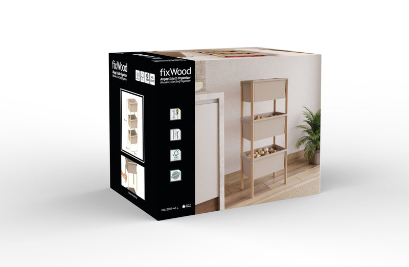 FixWood Houten 3-Laags Opbergrek – 95x30x30 cm – Multifunctioneel Rek voor Keuken, Badkamer & Speelkamer – Massief Hout & Stevig Kunststof – Eenvoudig te Monteren