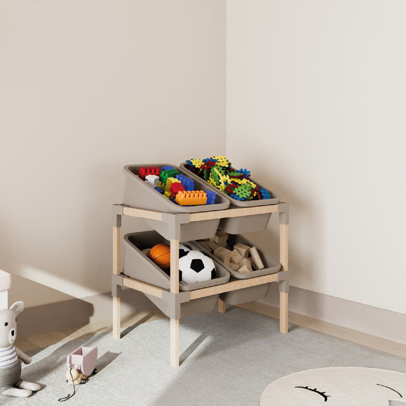 FixWood 2-laags Opbergrek met 4 Uitneembare Boxen – Speelgoed Organizer / Keukenrek / Multi-functioneel Opbergmeubel – 55 x 39 x 62 cm – Hout & Kunststof