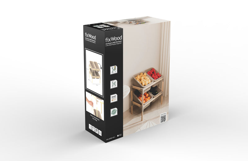 FixWood 2-laags Opbergrek met 4 Uitneembare Boxen – Speelgoed Organizer / Keukenrek / Multi-functioneel Opbergmeubel – 55 x 39 x 62 cm – Hout & Kunststof