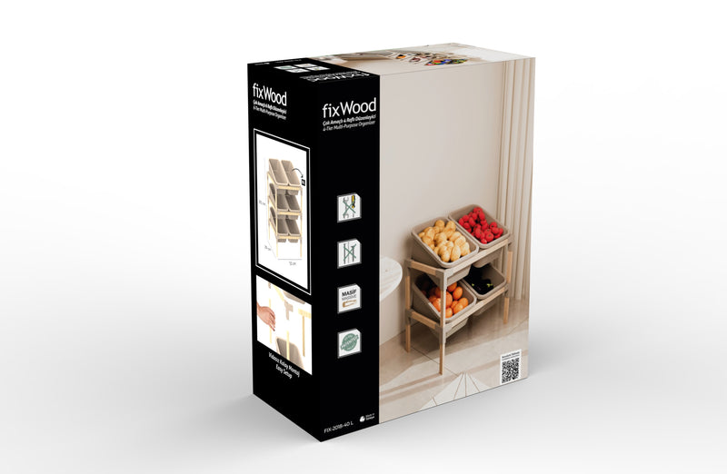 FixWood 3-laags Opbergrek met 6 uitneembare bakken – Houten Speelgoed- en Groente Organizer – 90x55x39 cm – Duurzaam en multifunctioneel