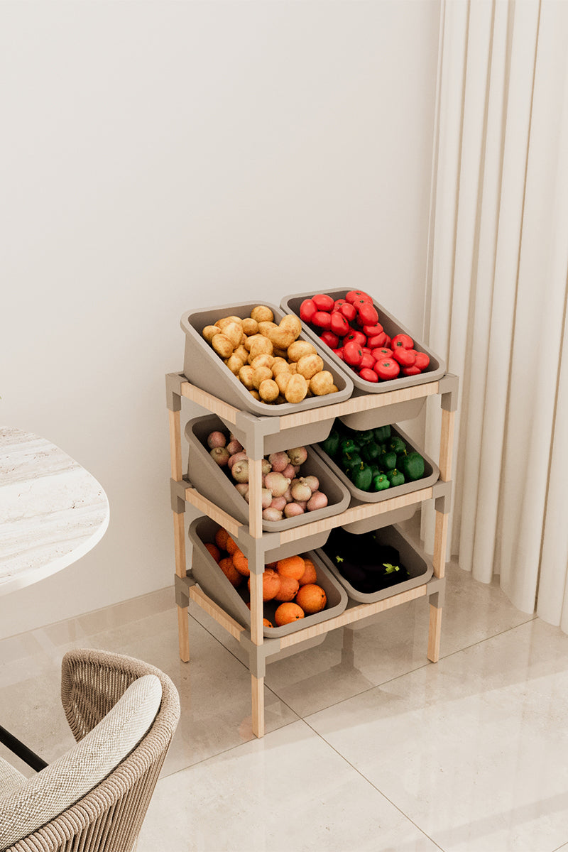 FixWood 3-laags Opbergrek met 6 uitneembare bakken – Houten Speelgoed- en Groente Organizer – 90x55x39 cm – Duurzaam en multifunctioneel