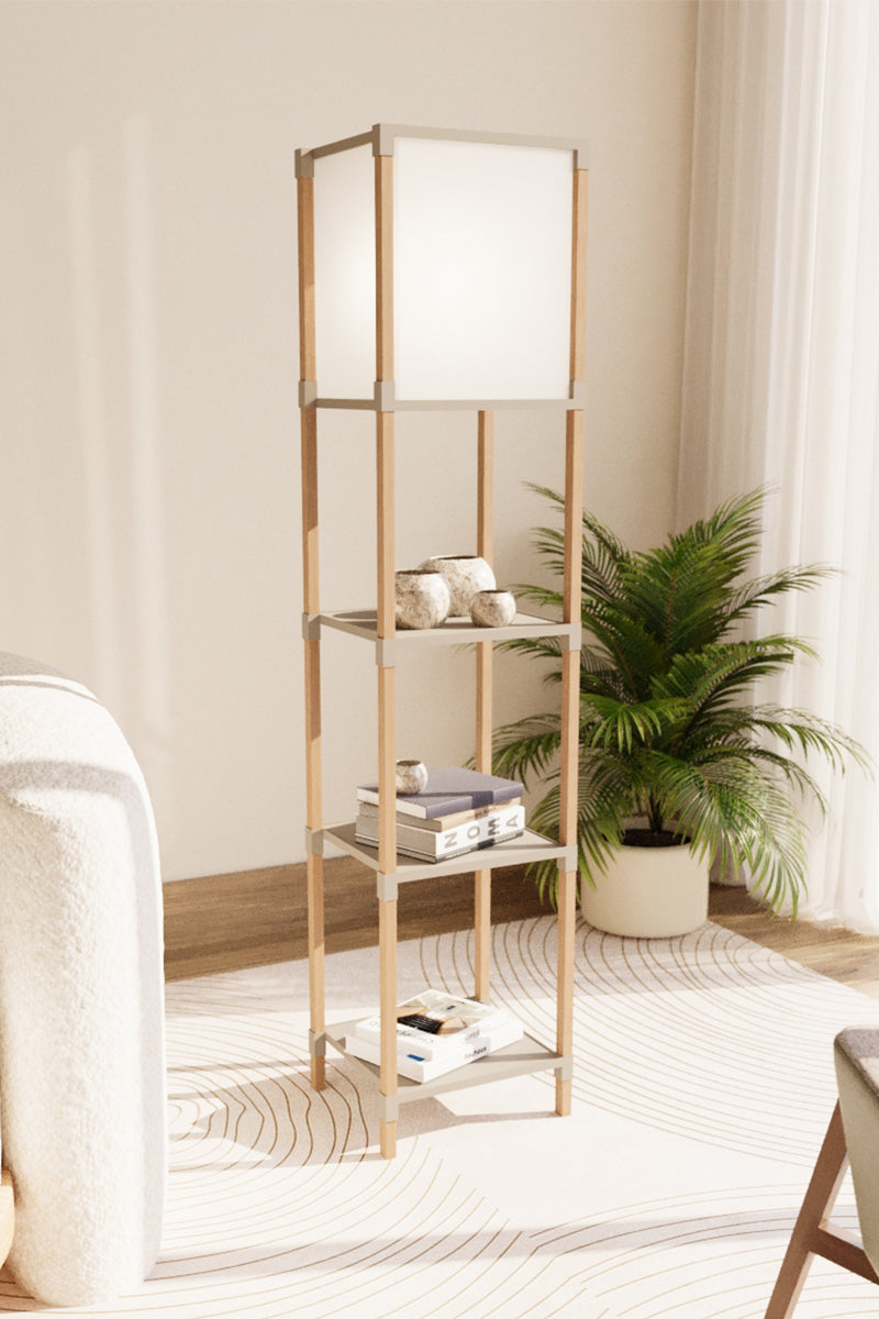 FixWood Houten Staande Lamp met 3 Planken – Scandinavisch Design – Etagère Vloerlamp – Hout & Linnen – Warm Wit Licht – Voor Woonkamer, Slaapkamer of Kantoor