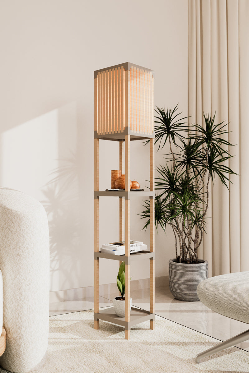 FixWood Houten Staande Lamp met 3 Planken – Scandinavisch Design – Etagère Vloerlamp – Hout & Linnen – Warm Wit Licht – Voor Woonkamer, Slaapkamer of Kantoor