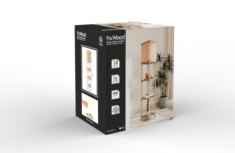 FixWood Houten Staande Lamp met 3 Planken – Scandinavisch Design – Etagère Vloerlamp – Hout & Linnen – Warm Wit Licht – Voor Woonkamer, Slaapkamer of Kantoor