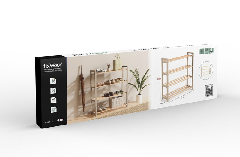 Schoenenrek 4-laags – 65x20x68 cm – Houten & Kunststof Schoenenkast – Schoenen Organizer – Ruimtebesparend Schoenenrek voor Hal, Slaapkamer of Gang – FixWood