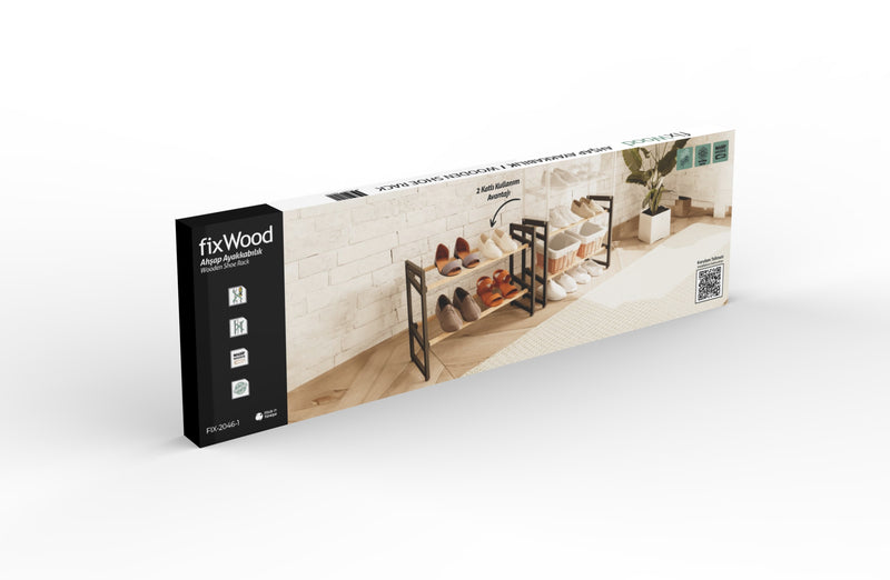 FixWood Houten Schoenenrek – 2-in-1 Stapelbaar Schoenenrek – 2 of 4 Lagen – Compact, Duurzaam en Stijlvol – Zwart/Hout – 65x26x52 cm