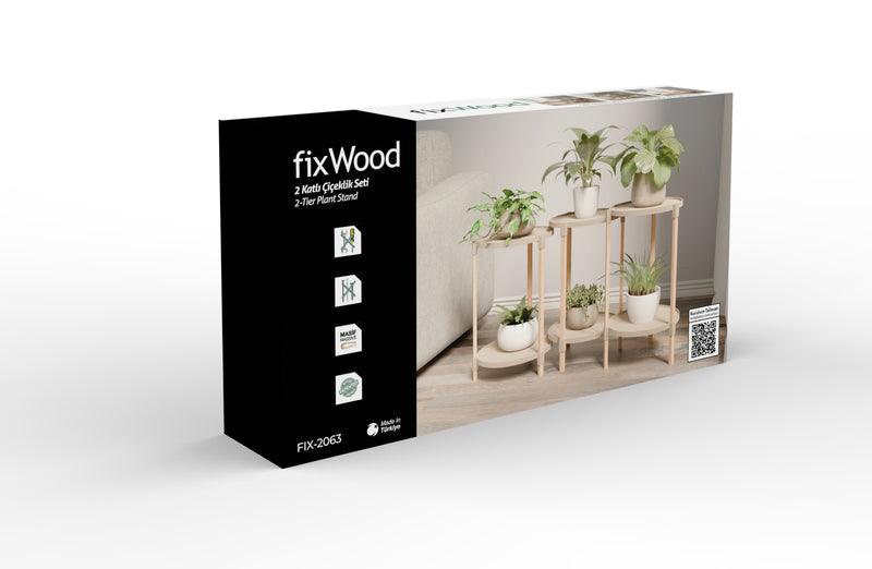 Fixwood 2-Laags Plantenstandaard Set van 3 – Massief Hout & Kunststof – Modern Bloemenrek – Plantenhouder Binnen – Scandinavisch Design – Beige – 2-Tier Plant Stand