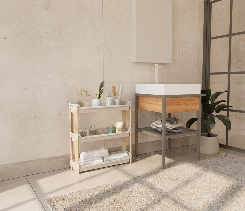 FixWood 3-laags Modulair Opbergrek – Natuurlijke Houtlook & Crèmekleur – Badkamerrek, Keukenrek of Plantenrek – Stevig & Stapelbaar – 60x20x70 cm