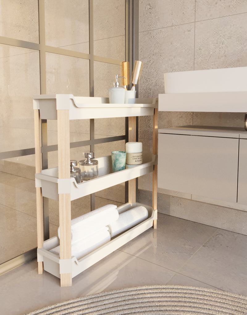 FixWood 3-laags Modulair Opbergrek – Natuurlijke Houtlook & Crèmekleur – Badkamerrek, Keukenrek of Plantenrek – Stevig & Stapelbaar – 60x20x70 cm