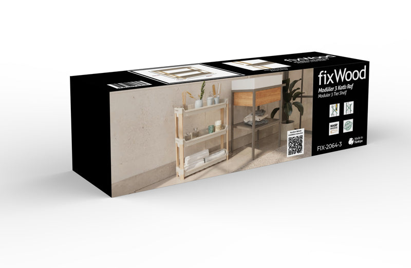 FixWood 3-laags Modulair Opbergrek – Natuurlijke Houtlook & Crèmekleur – Badkamerrek, Keukenrek of Plantenrek – Stevig & Stapelbaar – 60x20x70 cm