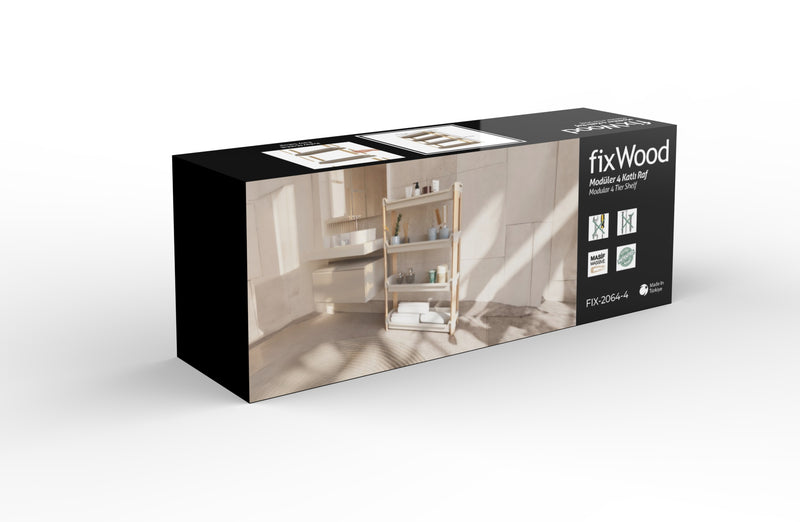 FixWood Modulaire Opbergkast – 4-Laags Houten Rek met Kunststof Bakken – Badkamer, Keuken & Woonkamer – Duurzaam en Stijlvol Design – 68 cm Hoog – Beige / Naturel