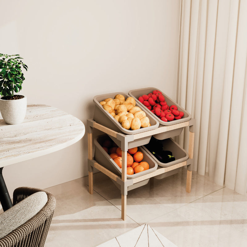 FixWood 2-laags Opbergrek met 4 Uitneembare Boxen – Speelgoed Organizer / Keukenrek / Multi-functioneel Opbergmeubel – 55 x 39 x 62 cm – Hout & Kunststof