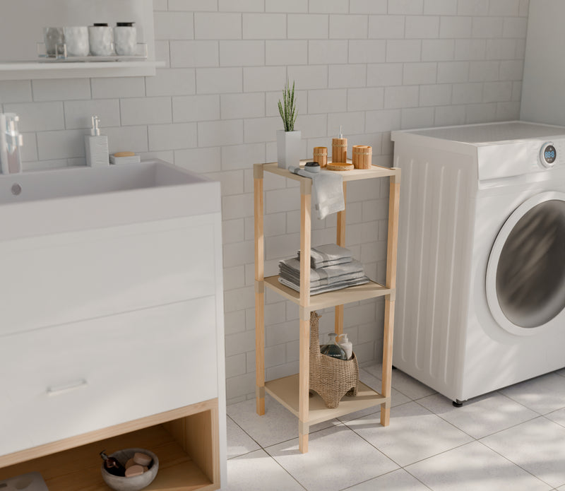 FixWood Houten Modulaire Opbergrek – Massief Hout & Kunststof – Badkamerrek, Keukenrek of Plantenrek – 72 cm Hoog – Beige/Naturel