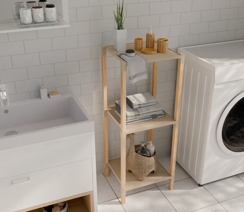 FixWood Houten Modulaire Opbergrek – Massief Hout & Kunststof – Badkamerrek, Keukenrek of Plantenrek – 72 cm Hoog – Beige/Naturel