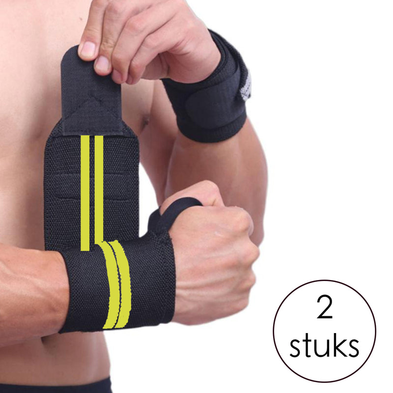 Fitness / Crossfit Polsband - 2 stuks - Geel / Zwart - Polsbandage Wrist Support Wraps - Pols Bandage Band - Bodybuilding Support - Gewichthef Straps - Krachttraining Lifting Workout Straps