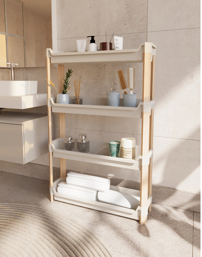 FixWood Modulaire Opbergkast – 4-Laags Houten Rek met Kunststof Bakken – Badkamer, Keuken & Woonkamer – Duurzaam en Stijlvol Design – 68 cm Hoog – Beige / Naturel