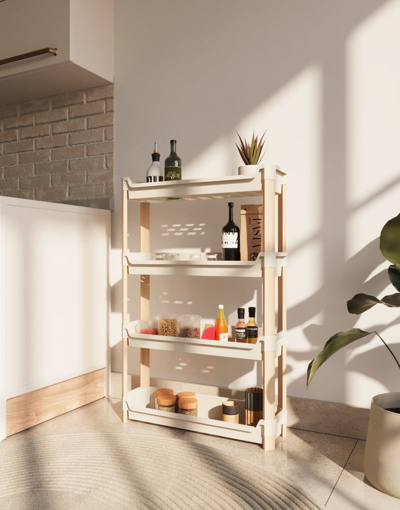 FixWood Modulaire Opbergkast – 4-Laags Houten Rek met Kunststof Bakken – Badkamer, Keuken & Woonkamer – Duurzaam en Stijlvol Design – 68 cm Hoog – Beige / Naturel