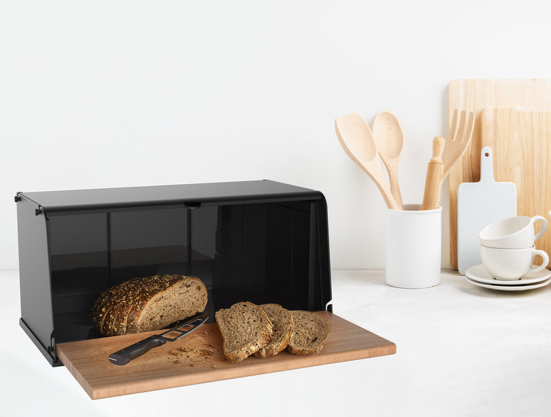 Broodtrommel met Houten Klep – Luxe Brooddoos van Metaal en Hout – Stijlvol & Ruimtebesparend – Houdt Brood Langer Vers – Zwart/Hout Design