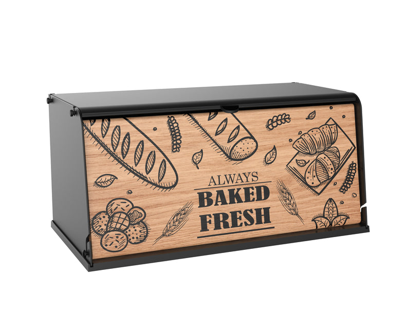 Broodtrommel met Houten Klep – Luxe Brooddoos van Metaal en Hout – Stijlvol & Ruimtebesparend – Houdt Brood Langer Vers – Zwart/Hout Design