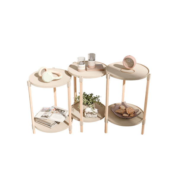 Fixwood 2-Laags Plantenstandaard Set van 3 – Massief Hout & Kunststof – Modern Bloemenrek – Plantenhouder Binnen – Scandinavisch Design – Beige – 2-Tier Plant Stand