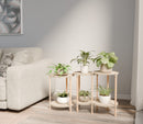 Fixwood 2-Laags Plantenstandaard Set van 3 – Massief Hout & Kunststof – Modern Bloemenrek – Plantenhouder Binnen – Scandinavisch Design – Beige – 2-Tier Plant Stand