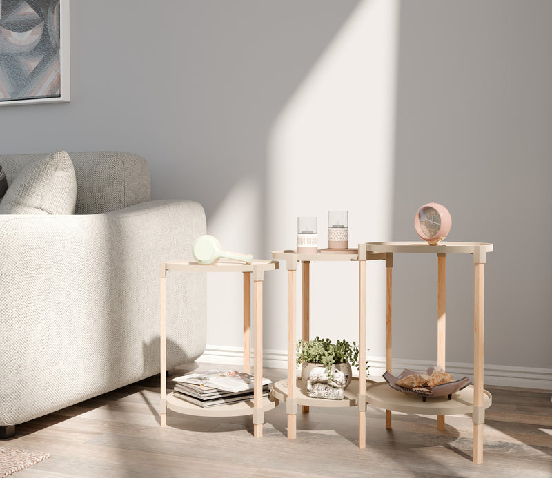 Fixwood 2-Laags Plantenstandaard Set van 3 – Massief Hout & Kunststof – Modern Bloemenrek – Plantenhouder Binnen – Scandinavisch Design – Beige – 2-Tier Plant Stand